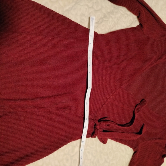 Burgundy red wrap around dress with long sleeve and ruffled cuff - Picture 2 of 6